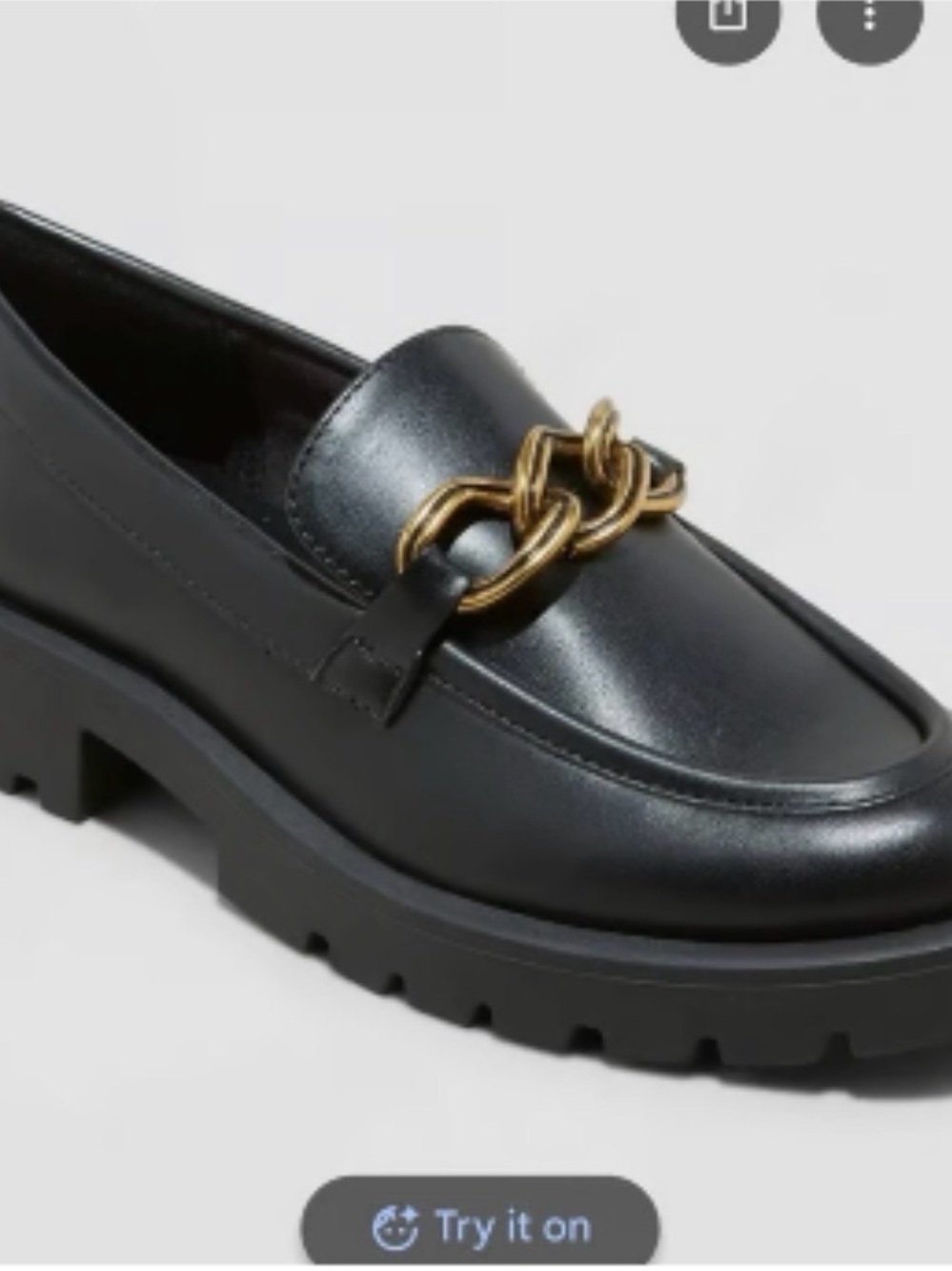 Target Black Leather Loafers with Gold Chain Accent
